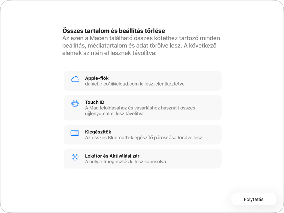Egy Mac-ablak az Összes tartalom törlése és a Beállítások asszisztens lehetőséggel.