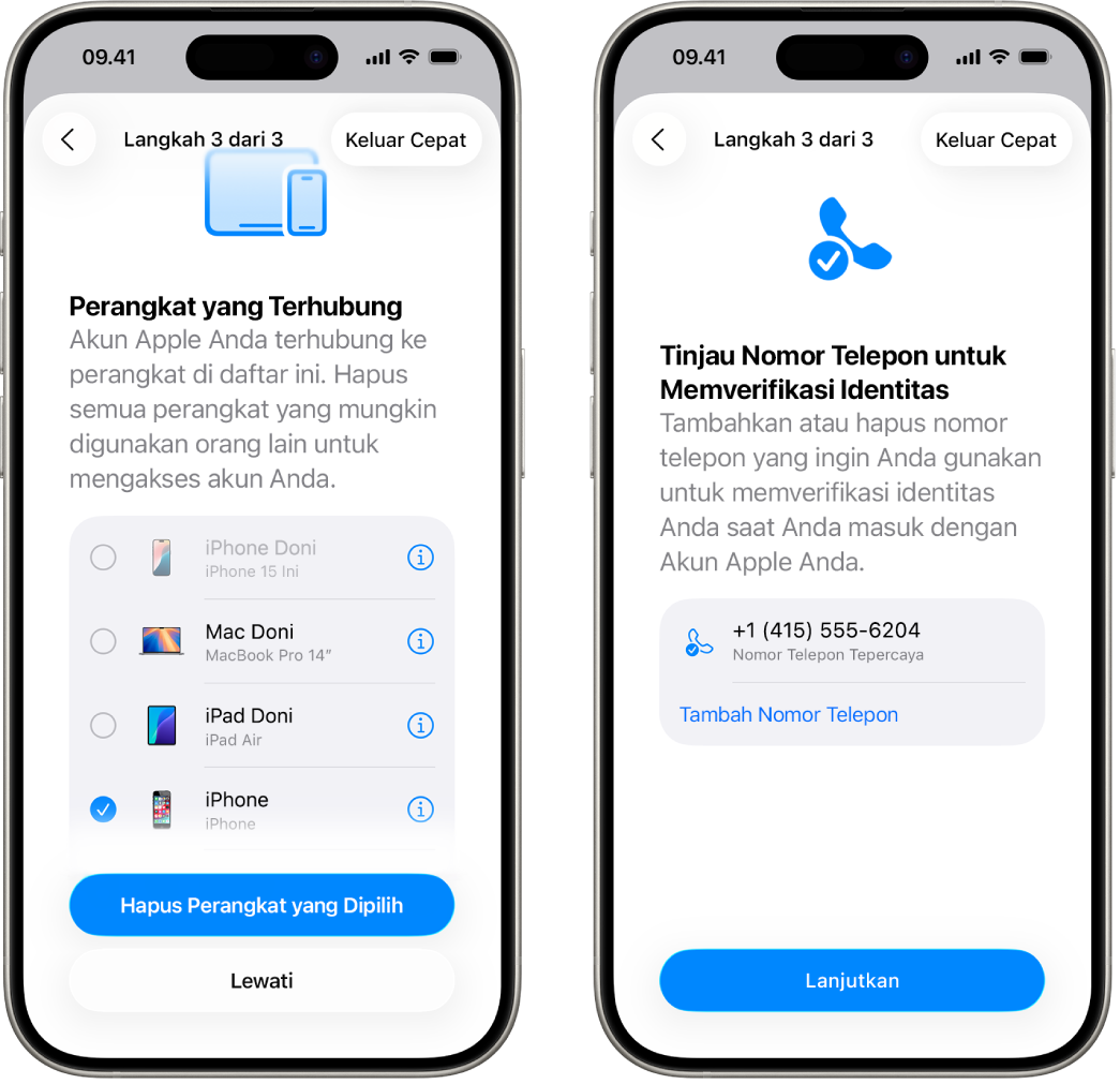 Dua layar iPhone menampilkan (1) perangkat yang dipilih untuk dihapus dari perangkat tepercaya dan (2) layar untuk mengedit nomor telepon tepercaya.