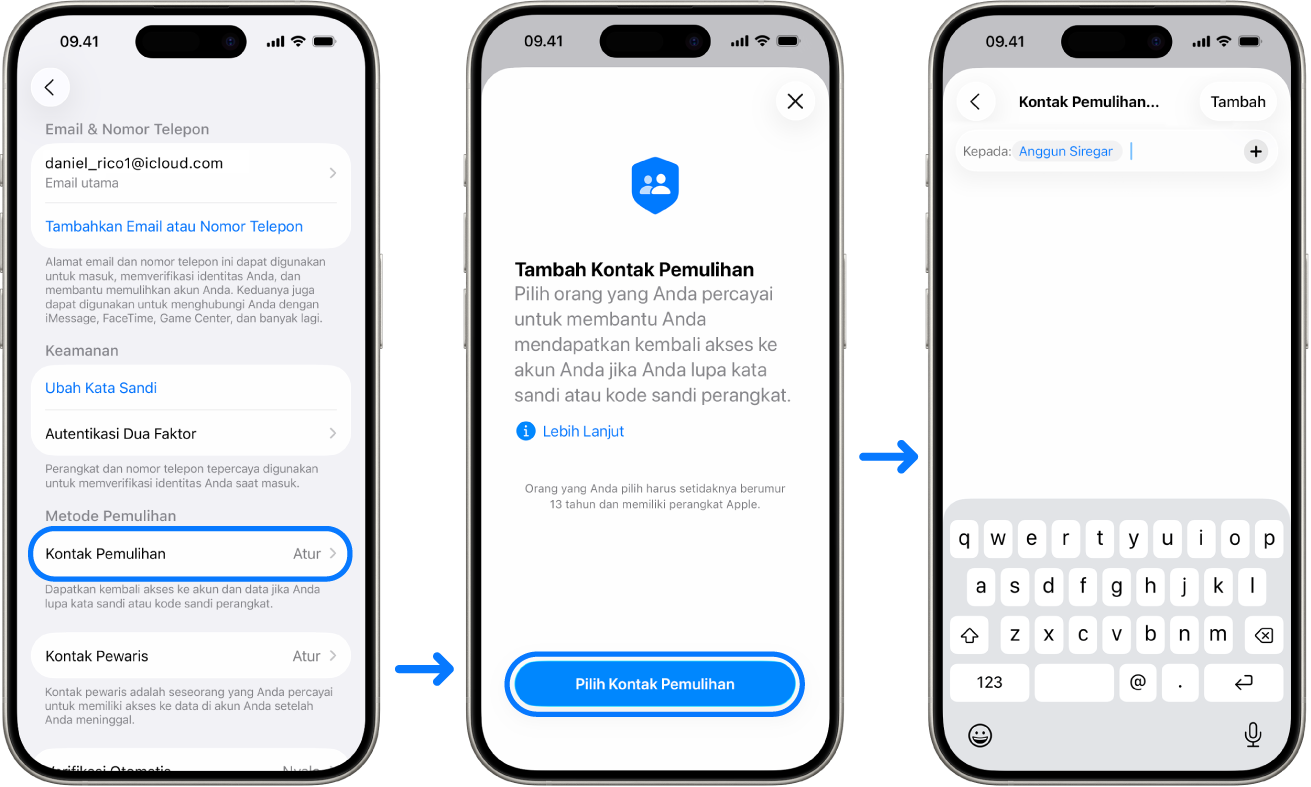 Tiga layar iPhone menampilkan cara menambahkan kontak Pemulihan Akun.