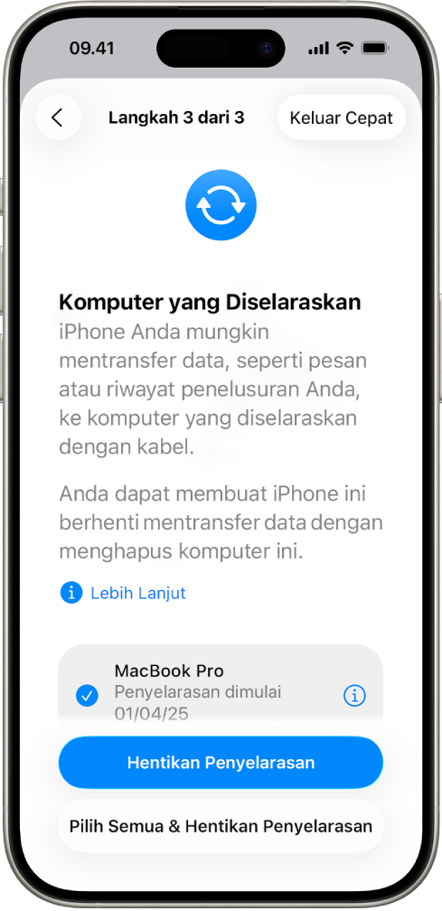 Layar iPhone menampilkan layar Komputer yang Diselaraskan.