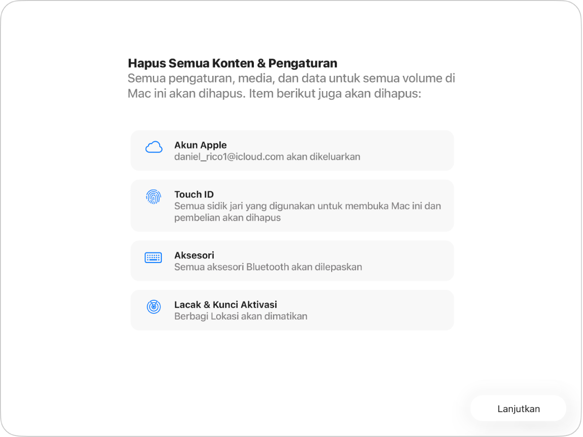 Jendela Mac menampilkan Asisten Hapus Semua Konten dan Pengaturan.