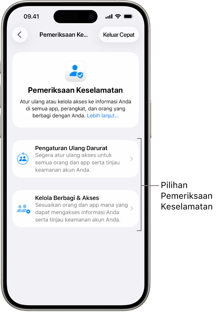 Layar menampilkan dua pilihan yang tersedia dengan Pemeriksaan Keselamatan: Pengaturan Ulang Darurat dan Kelola Berbagi & Akses.