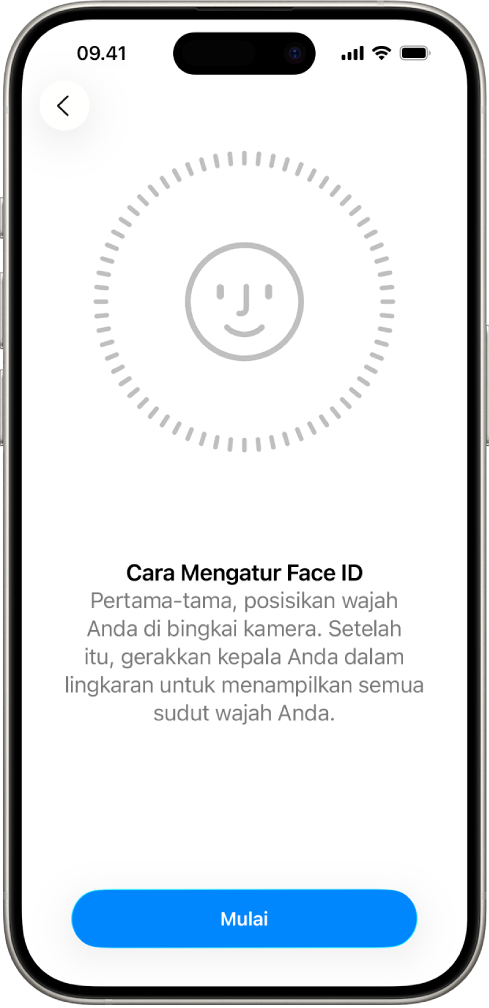 Layar pengaturan pengenalan Face ID. Wajah ditampilkan di layar, dikelilingi lingkaran. Teks di bawah yang menginstruksikan pengguna untuk memindahkan kepalanya secara perlahan untuk melengkapi lingkaran.