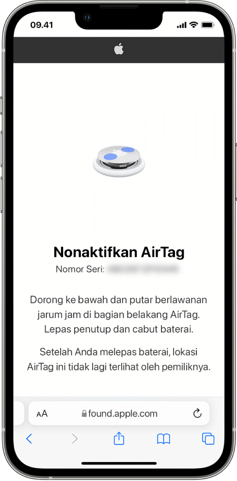 Layar iPhone menampilkan cara menonaktifkan AirTag.