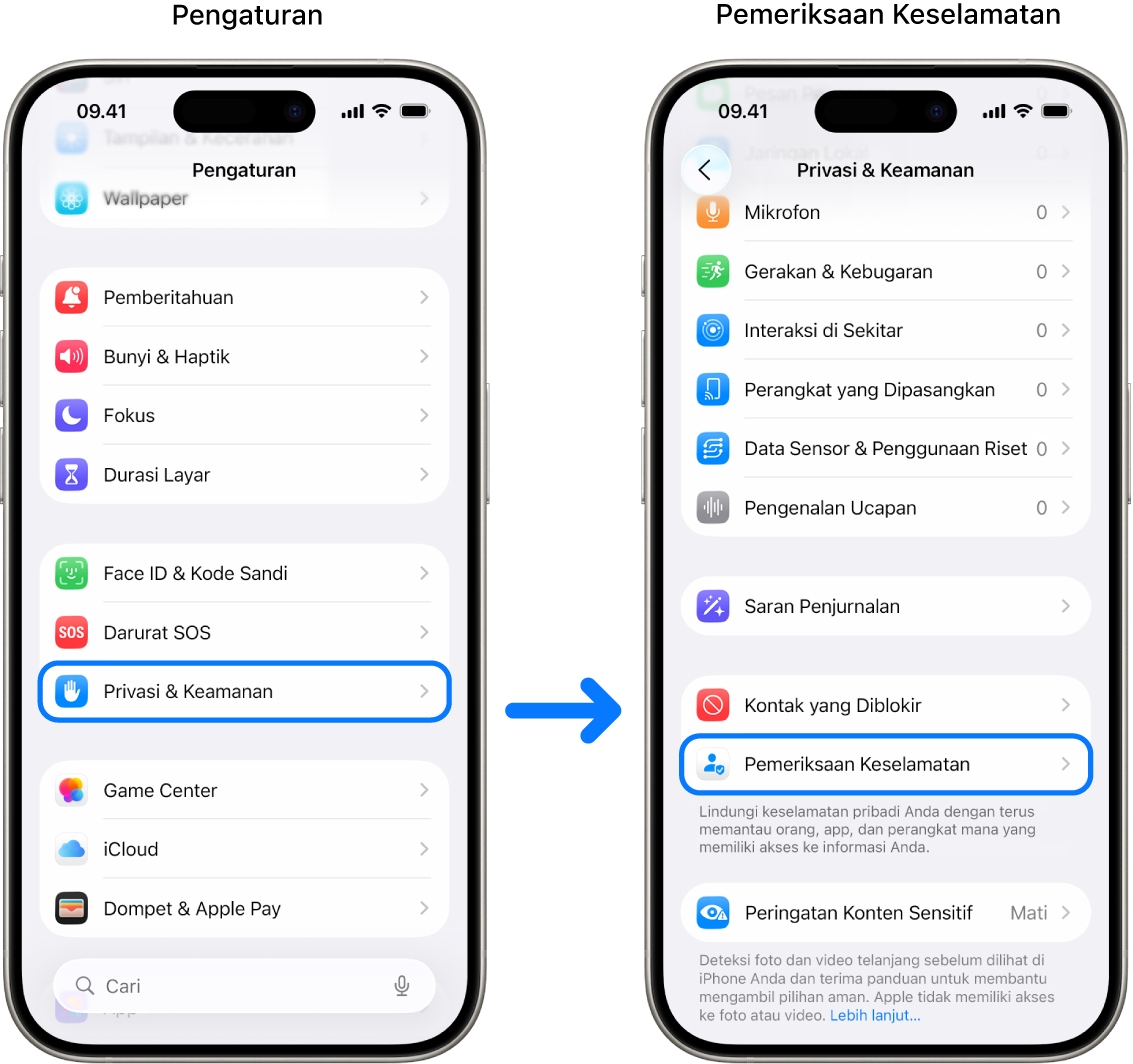 Cara mengakses Pemeriksaan Keselamatan dari app Pengaturan.
