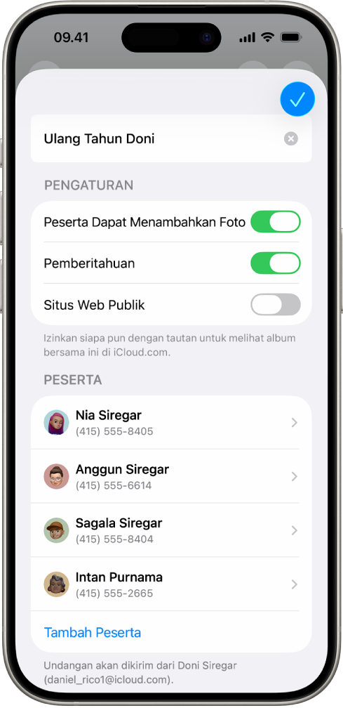 Layar iPhone menampilkan album Foto Bersama dan orang-orang yang dibagikan album tersebut.