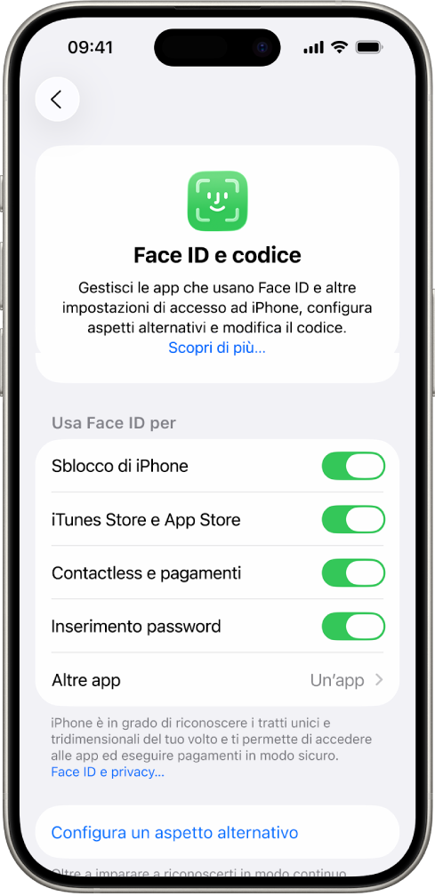 La schermata di Face ID su iPhone, che mostra le situazioni in cui è possibile utilizzare la funzionalità, come per sbloccare iPhone, iTunes e App Store, Wallet e Apple Pay e per l’inserimento automatico delle password.