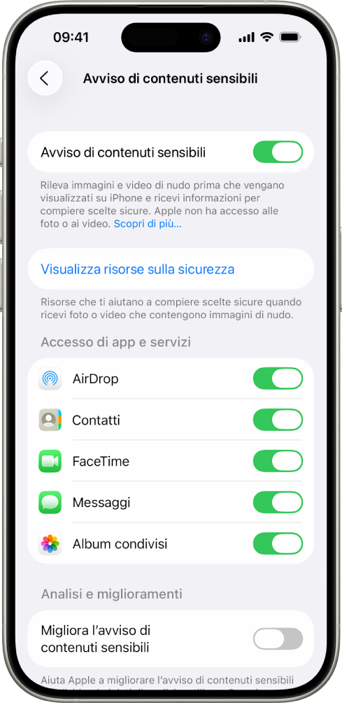 Un iPhone che mostra la schermata di “Avviso contenuti sensibili”.