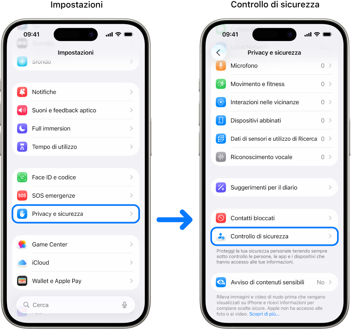 Come accedere a “Controllo di sicurezza” dall’app Impostazioni.