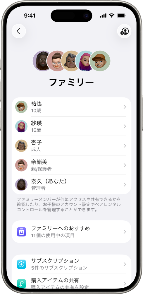 「設定」の「ファミリー共有」画面。5人の家族がリストされており、4つのサブスクリプションが家族と共有されています。