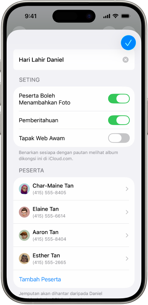 Skrin iPhone menunjukkan album Foto Dikongsi dan orang yang anda berkongsi album.