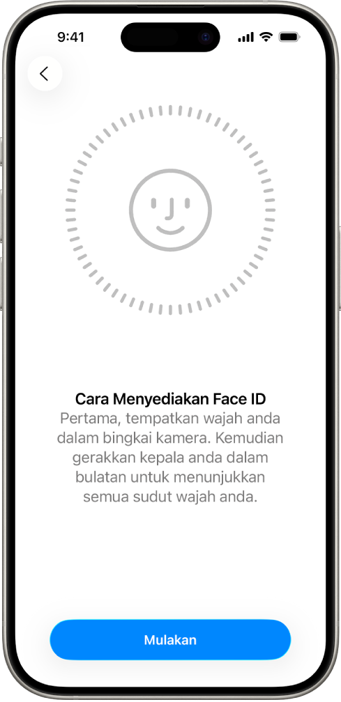 Skrin persediaan pengecaman Face ID. Muka ditunjukkan pada skrin, dikurung dalam bulatan. Teks di bawahnya mengarahkan pengguna untuk menggerakkan kepala mereka dengan perlahan untuk melengkapkan bulatan.