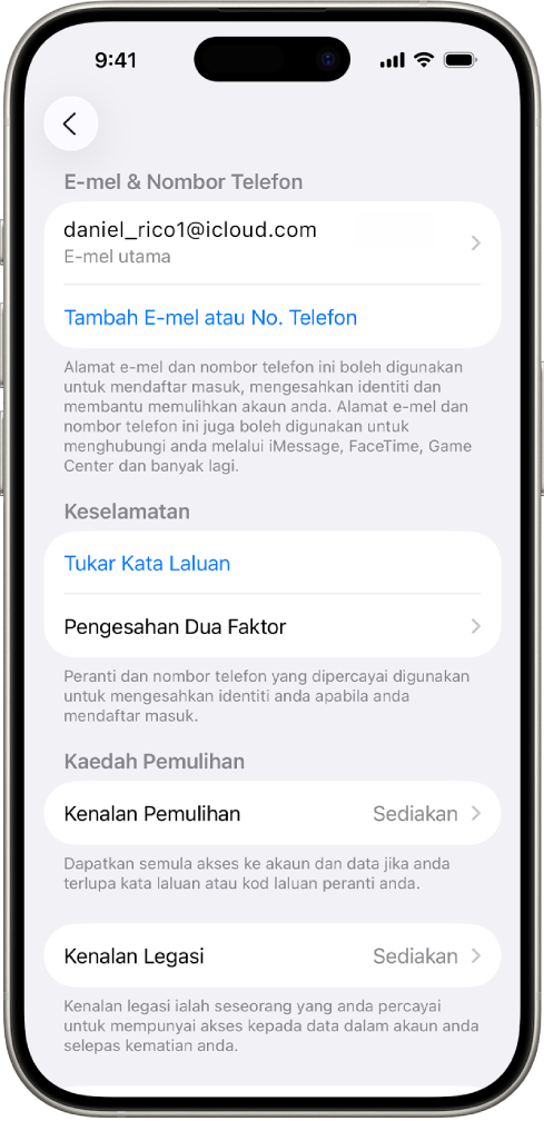 Skrin iPhone menunjukkan pengesahan dua faktor dinyahaktifkan.