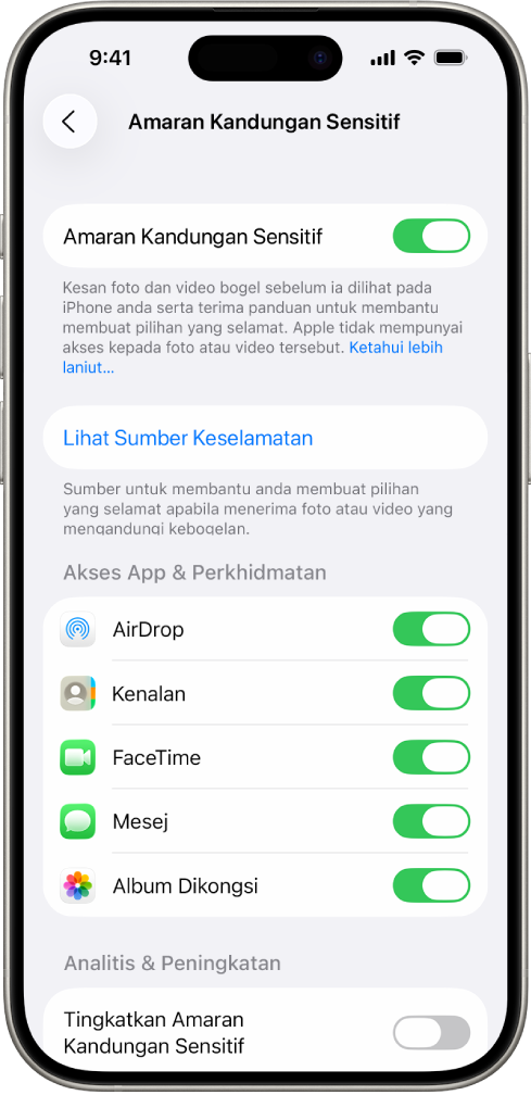iPhone menunjukkan skrin Amaran Kandungan Sensitif.