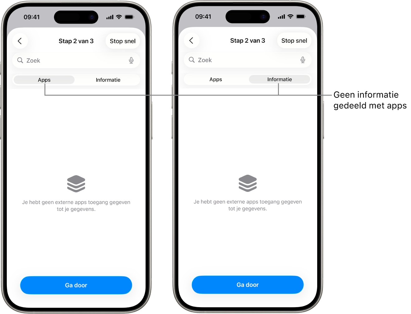 Twee schermen waarin op de tabbladen 'Apps' en 'Informatie' te zien is dat de gebruiker geen gegevens met andere apps deelt.