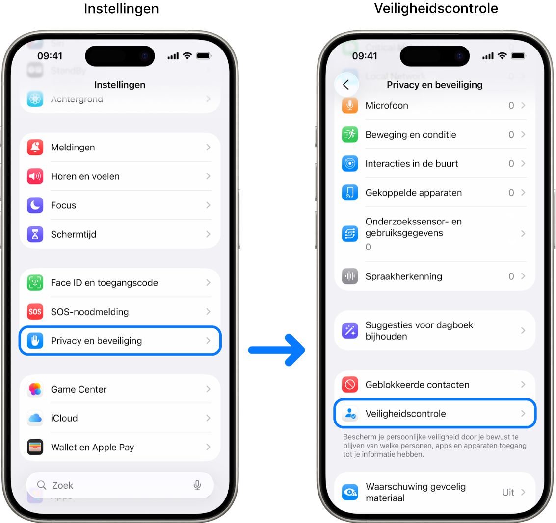 Veiligheidscontrole openen vanuit de Instellingen-app.