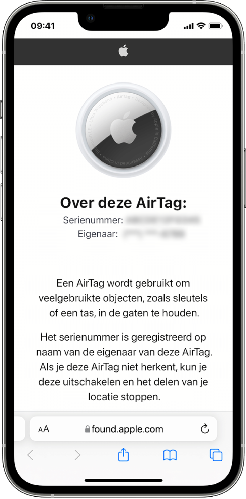 Een iPhone-scherm met informatie over een AirTag.