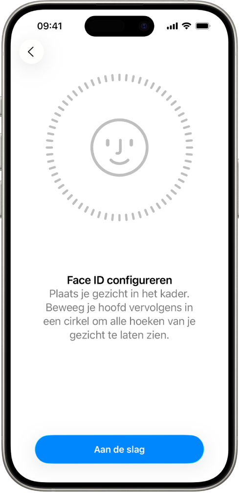 Het configuratiescherm voor Face ID-herkenning. Op het scherm is een gezicht in een cirkel te zien. Daaronder wordt met tekst aangegeven dat gebruikers hun hoofd langzaam moeten bewegen om de cirkel rond te maken.