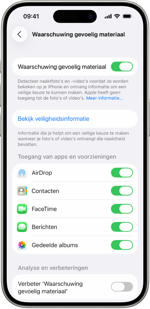 Een iPhone met het scherm 'Waarschuwing gevoelig materiaal'.