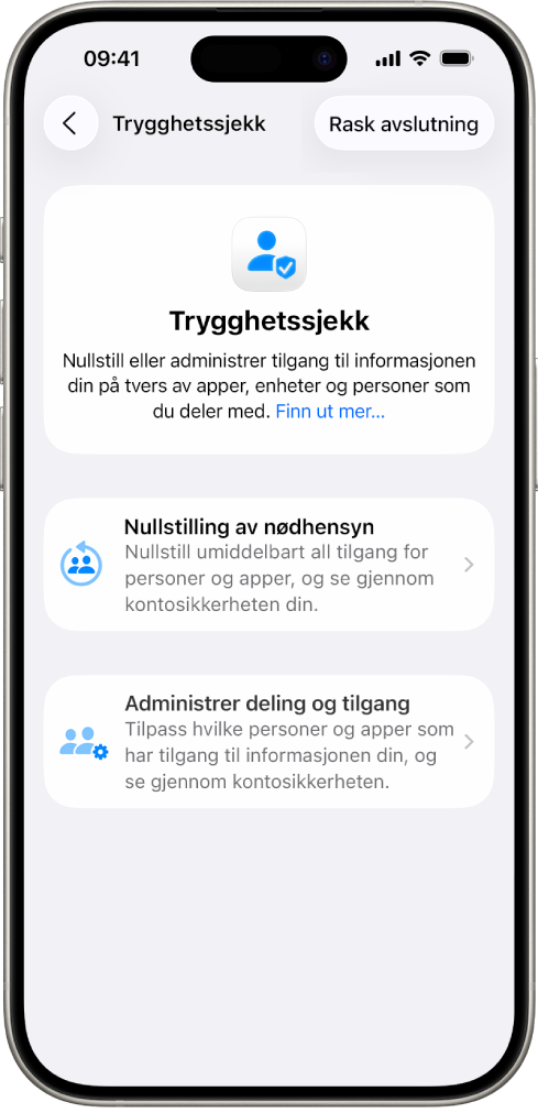 En iPhone som viser Trygghetssjekk-skjermen.