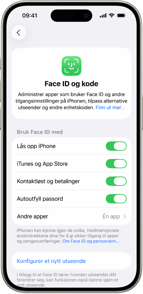 Face ID-skjermen på iPhone viser hva Face ID kan brukes til, for eksempel til å låse opp iPhone, i iTunes og App Store, Lommebok og Apple Pay og Autoutfyll passord.
