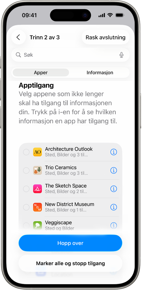 En Trygghetssjekk-skjerm som viser informasjon som deles med bestemte apper.