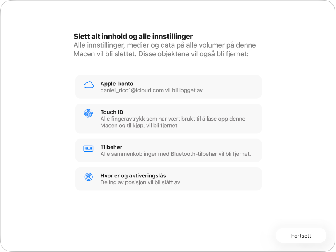 Et Mac-vindu som viser Slett alt innhold og alle innstillinger-assistenten.