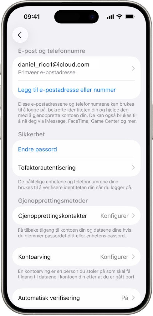 En iPhone-skjerm som viser at tofaktorautentisering er slått av.