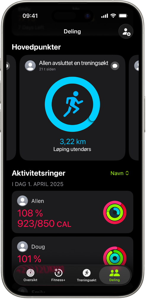 En iPhone-skjerm som viser aktivitetsdata som er delt med to andre personer.