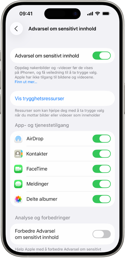 En iPhone som viser Advarsel om sensitivt innhold-skjermen.