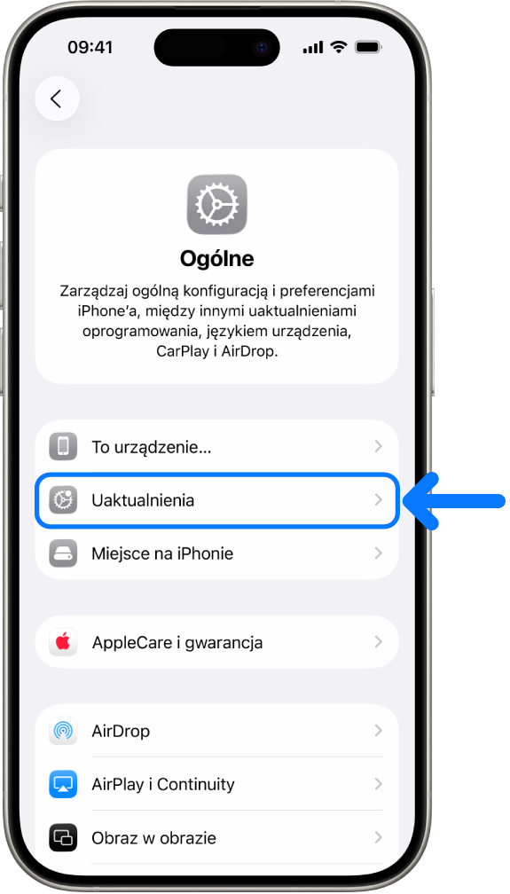 Ekran iPhone’a z informacją, że dostępne jest uaktualnienie oprogramowania.