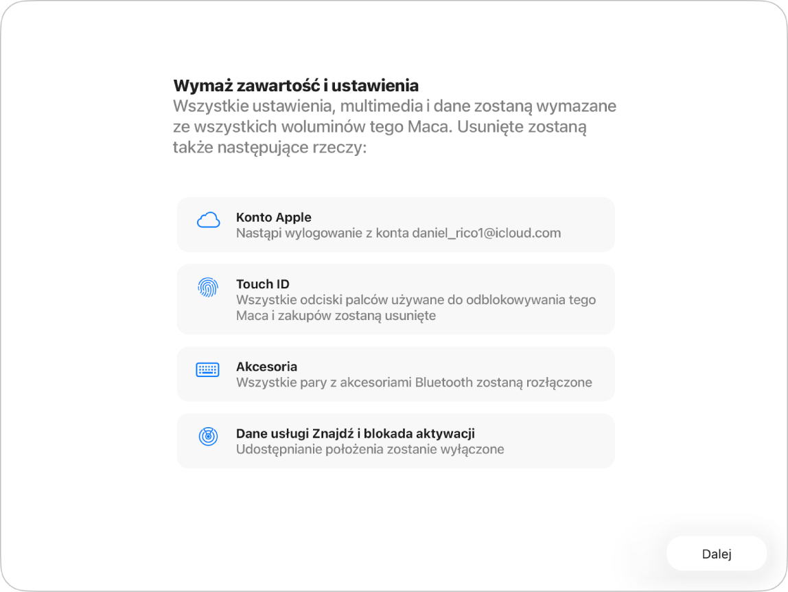 Okno Maca pokazujące asystenta funkcji Wymaż zawartość i ustawienia.