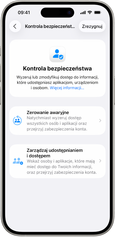 iPhone wyświetlający ekran funkcji Kontrola bezpieczeństwa.