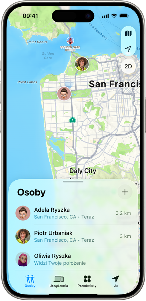 Ekran iPhone’a pokazujący położenie użytkownika i położenia czterech innych użytkowników.