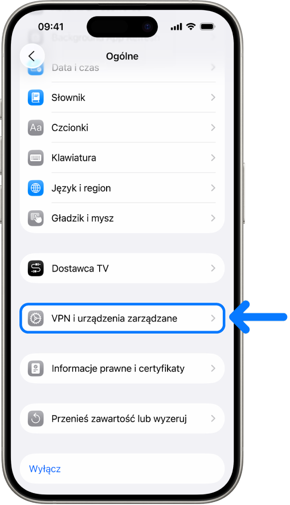 Ekran iPhone’a z zaznaczoną opcją VPN i urządzenia zarządzane.