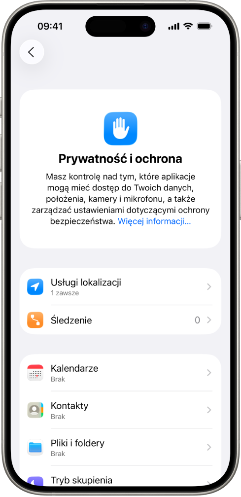 iPhone wyświetlający ekran Prywatność i ochrona w Ustawieniach.