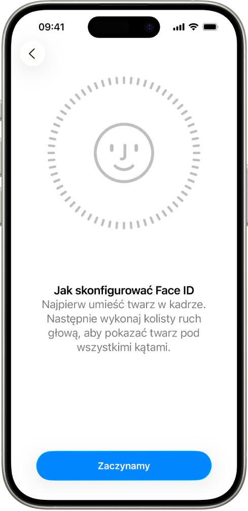 Ekran konfiguracji funkcji Face ID. Zawiera twarz otoczoną okręgiem. Tekst na dole prosi użytkownika, aby wykonał powoli kolisty ruch głową.