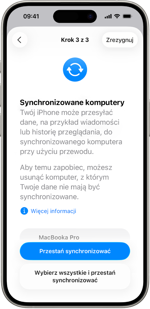 Ekran iPhone’a wyświetlający ekran Synchronizowane komputery.