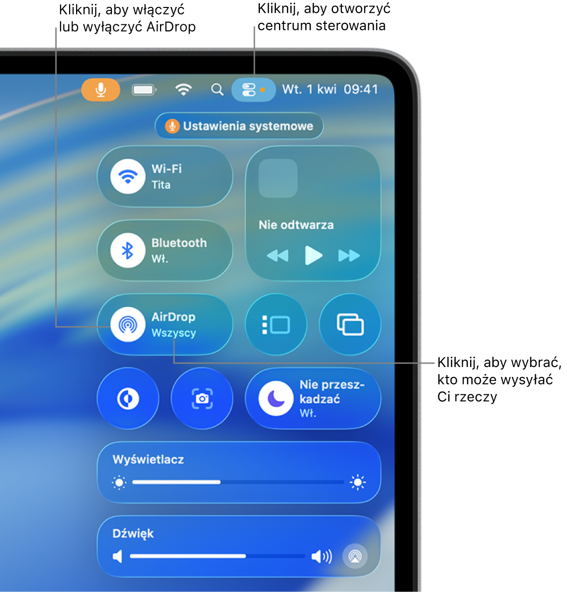 Korzystanie z AirDrop z centrum sterowania.