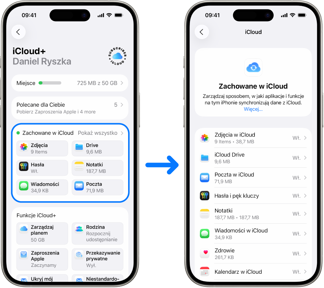 iPhone z zalogowanym kontem Apple oraz włączonymi różnymi funkcjami iCloud.