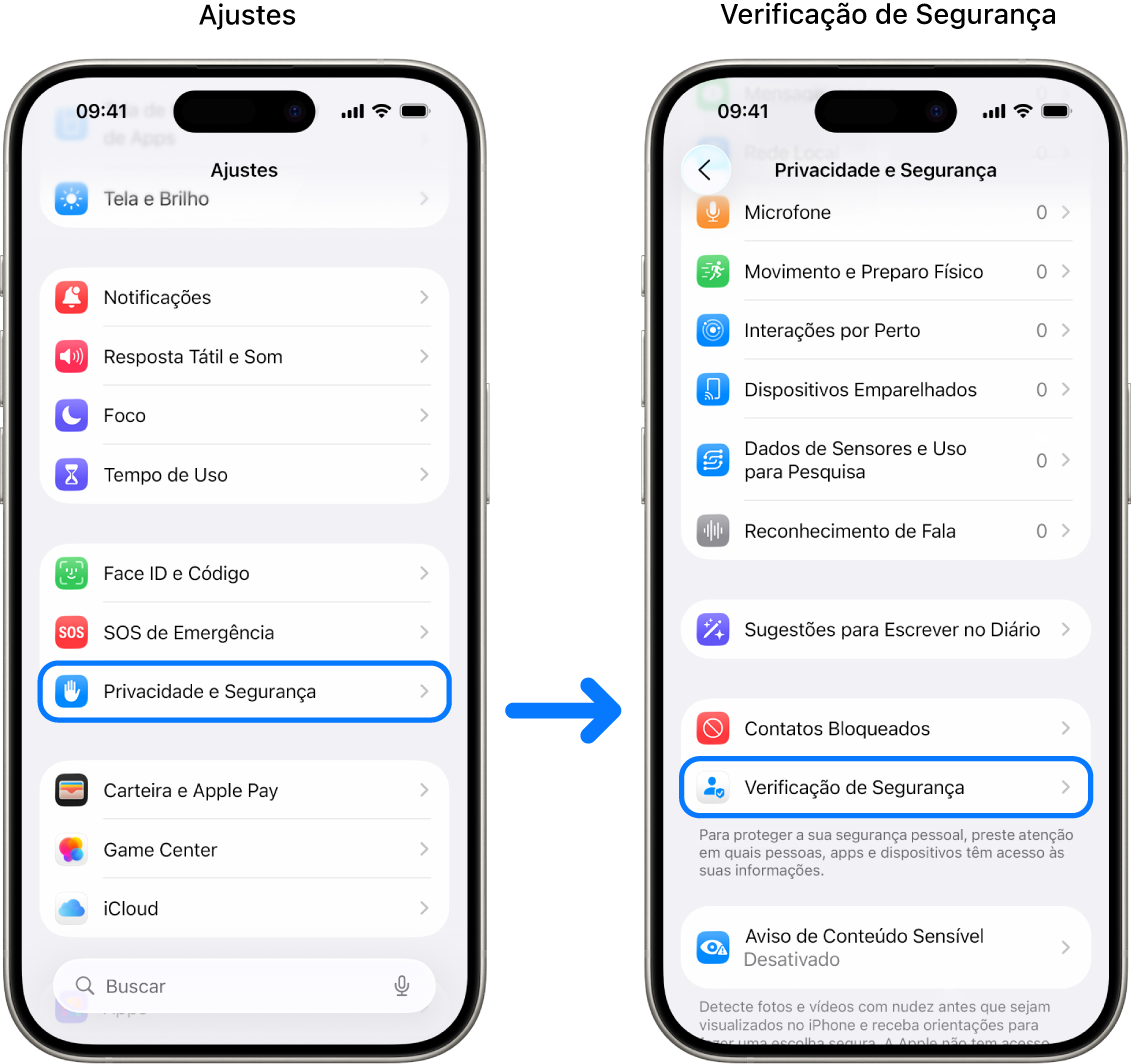 A maneira de acessar a Verificação de Segurança no app Ajustes.