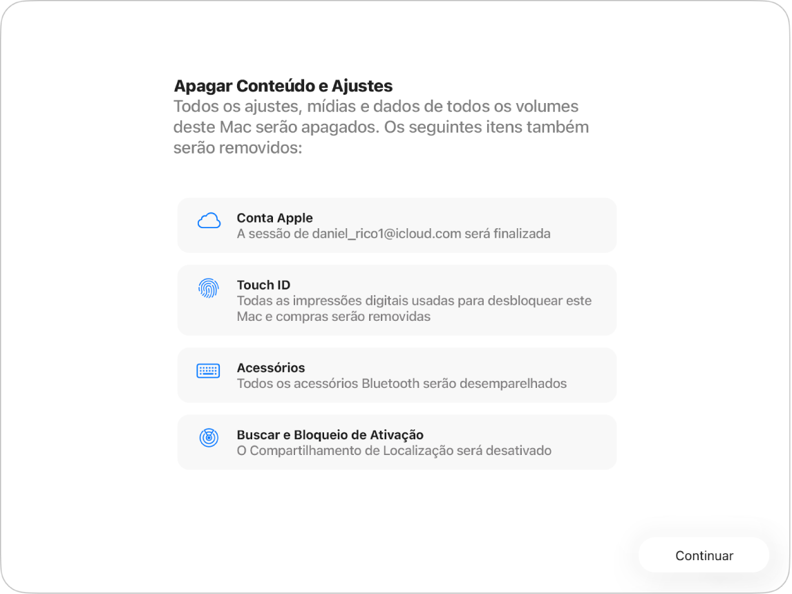A janela de um Mac mostrando o Assistente Apagar Todo o Conteúdo e Ajustes.
