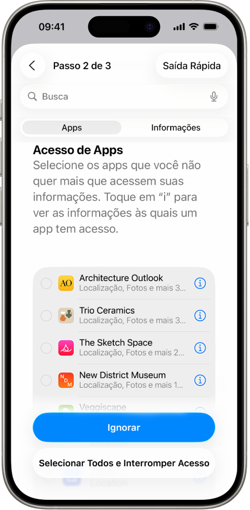 Tela da Verificação de Segurança mostrando as informações compartilhadas com apps específicos.