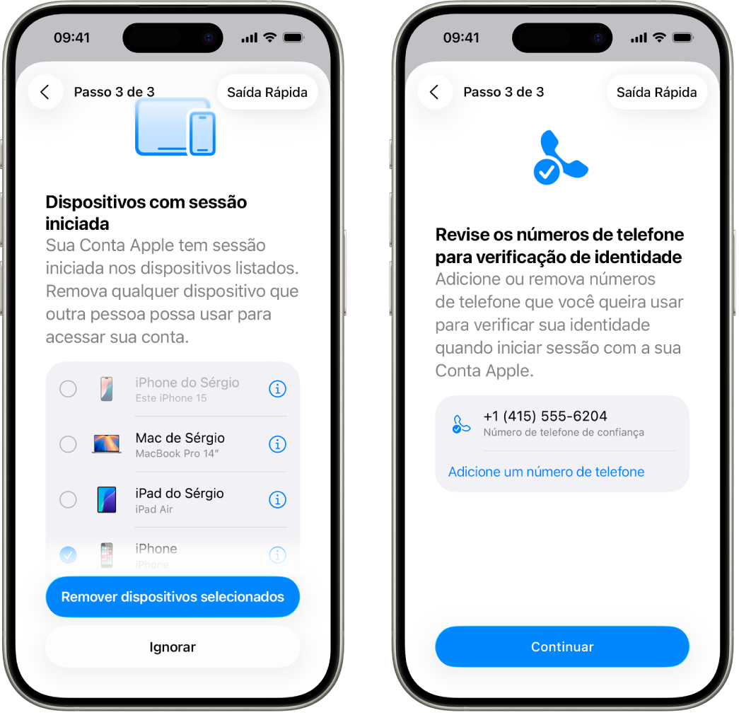Duas telas de iPhone mostrando (1) um dispositivo selecionado para ser removido dos dispositivos de confiança e (2) uma tela para editar os números de telefone de confiança.