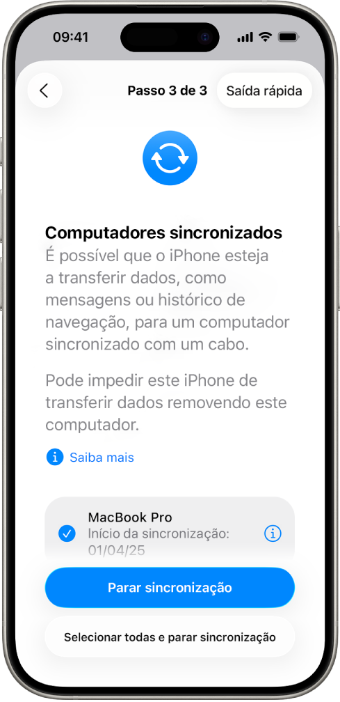 O ecrã de um iPhone a mostrar o ecrã Computadores sincronizados.