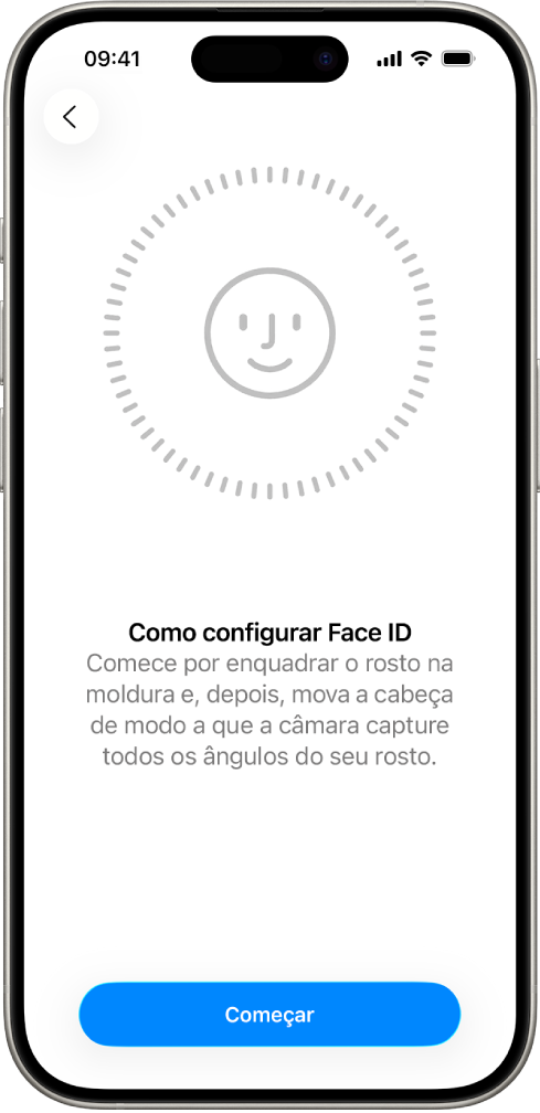 O ecrã de configuração do reconhecimento através do Face ID. No ecrã, está um rosto enquadrado num círculo. Por baixo, o texto indica ao utilizador que deve mover a cabeça devagar para completar o círculo.