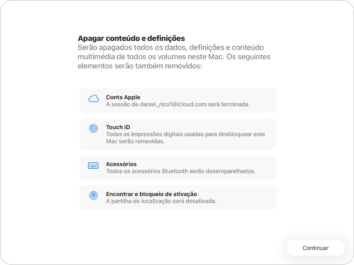 A janela de um Mac mostra a opção Apagar todo o conteúdo e o Assistente de Definições.