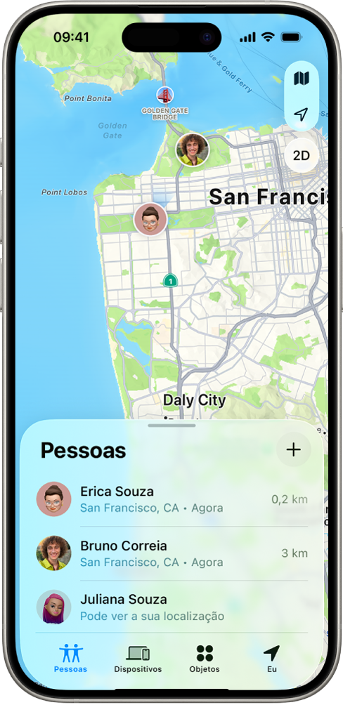 Um ecrã do iPhone mostra a localização de um utilizador e as localizações de quatro outros utilizadores.