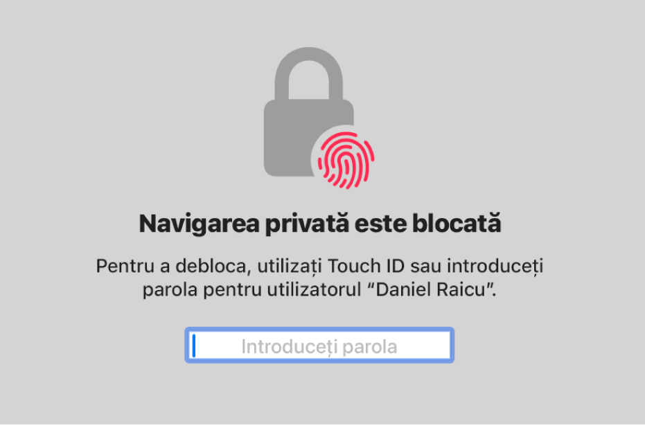 Ecranul Navigare privată afișează că este blocată.