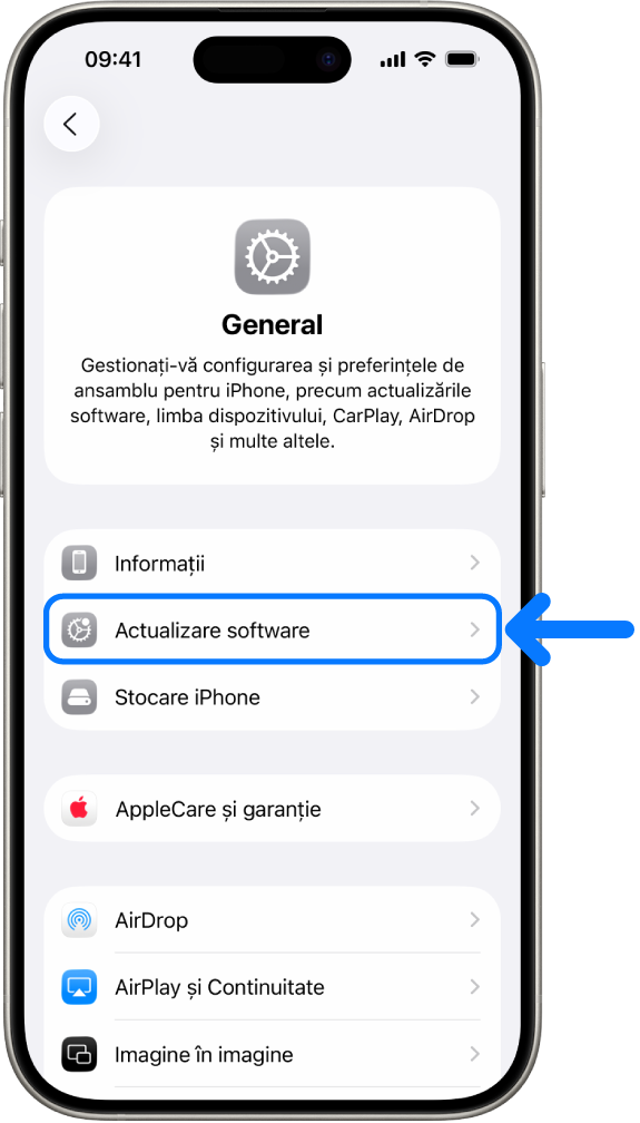 Ecranul unui iPhone indicând faptul că este disponibilă o actualizare software.